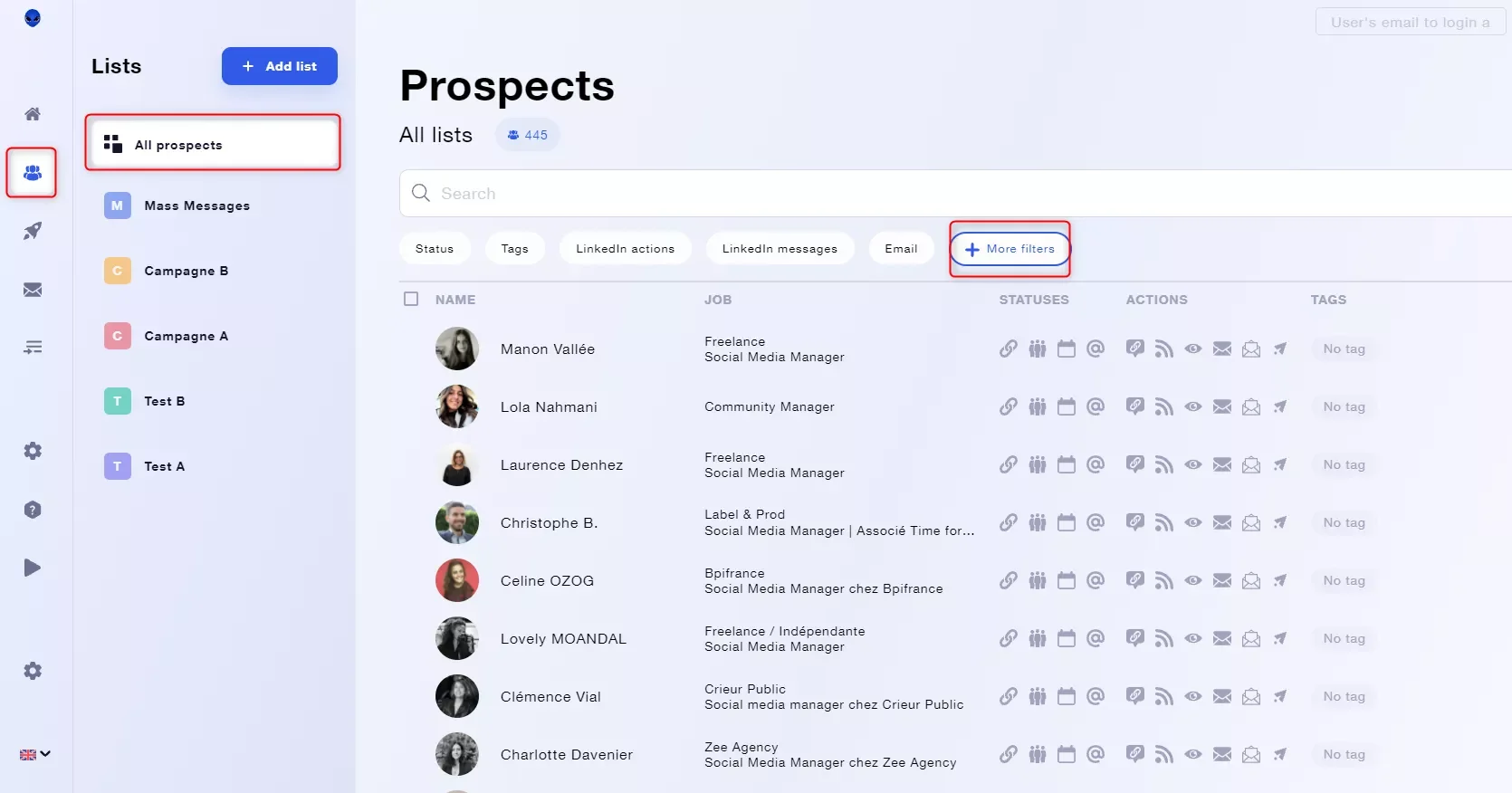 Interface gestion contacts prospects Waalaxy