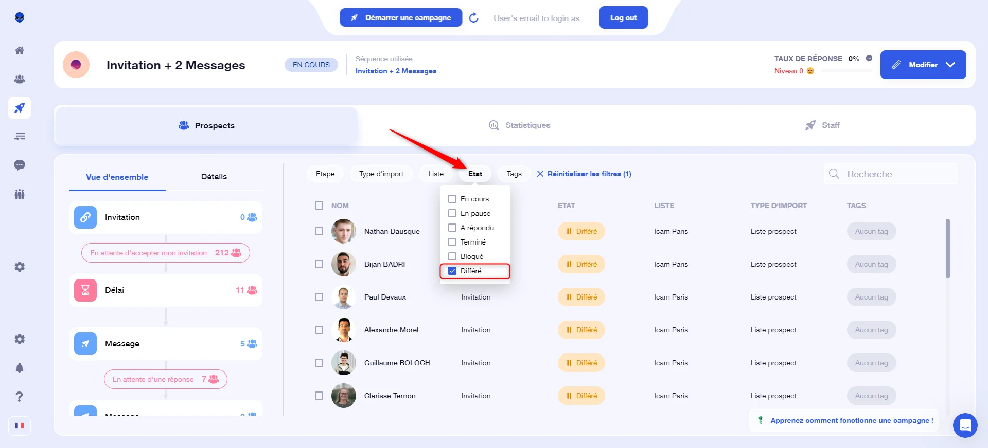 Interface prospection campagne Waalaxy avec filtres