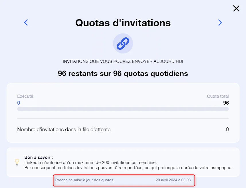 Page LinkedIn montrant des quotas d'invitations pour envoyer des invitations sur le réseau social. Date de mise à jour : 20 avril 2024 à 02:03.