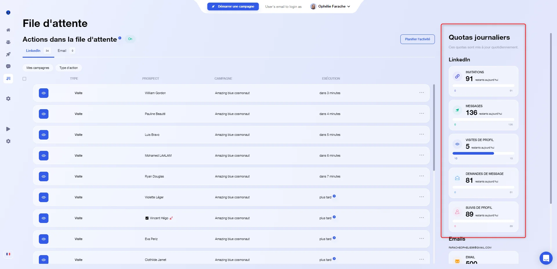 Page d'attente avec liste d'utilisateurs et quotas quotidiens sur LinkedIn.