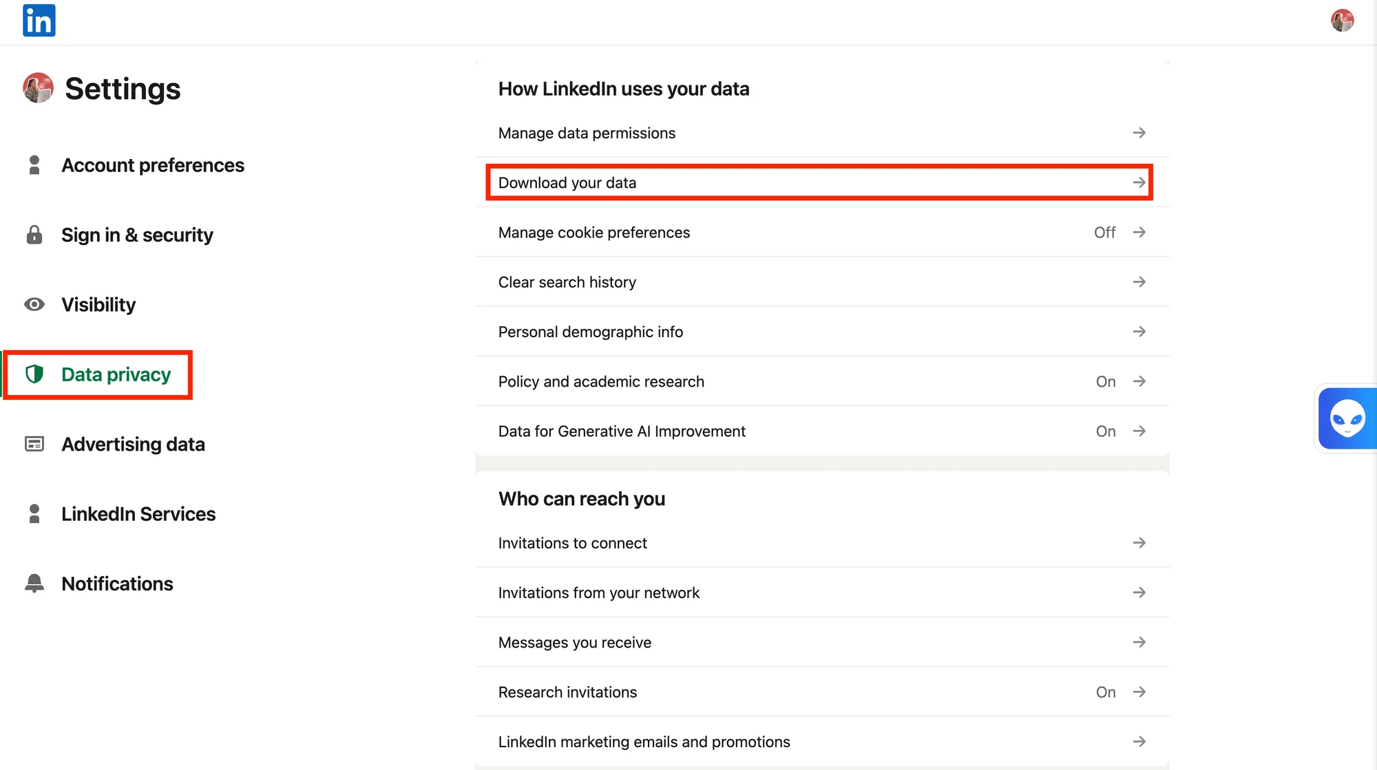 Download your LinkedIn personal data