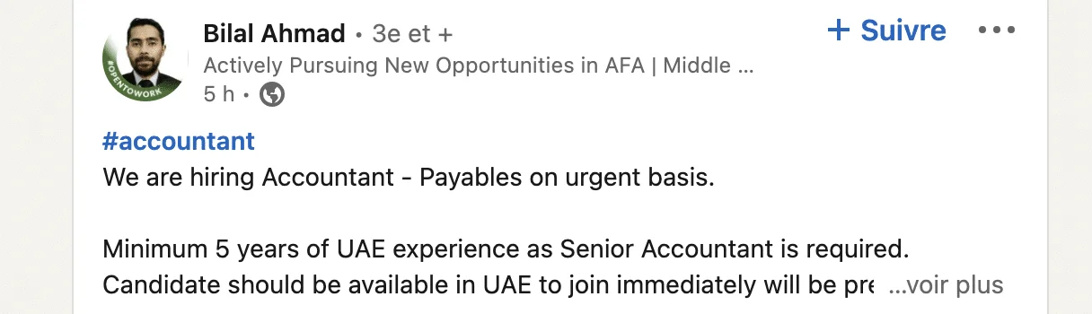 Bilal Ahmad LinkedIn job posting accountant