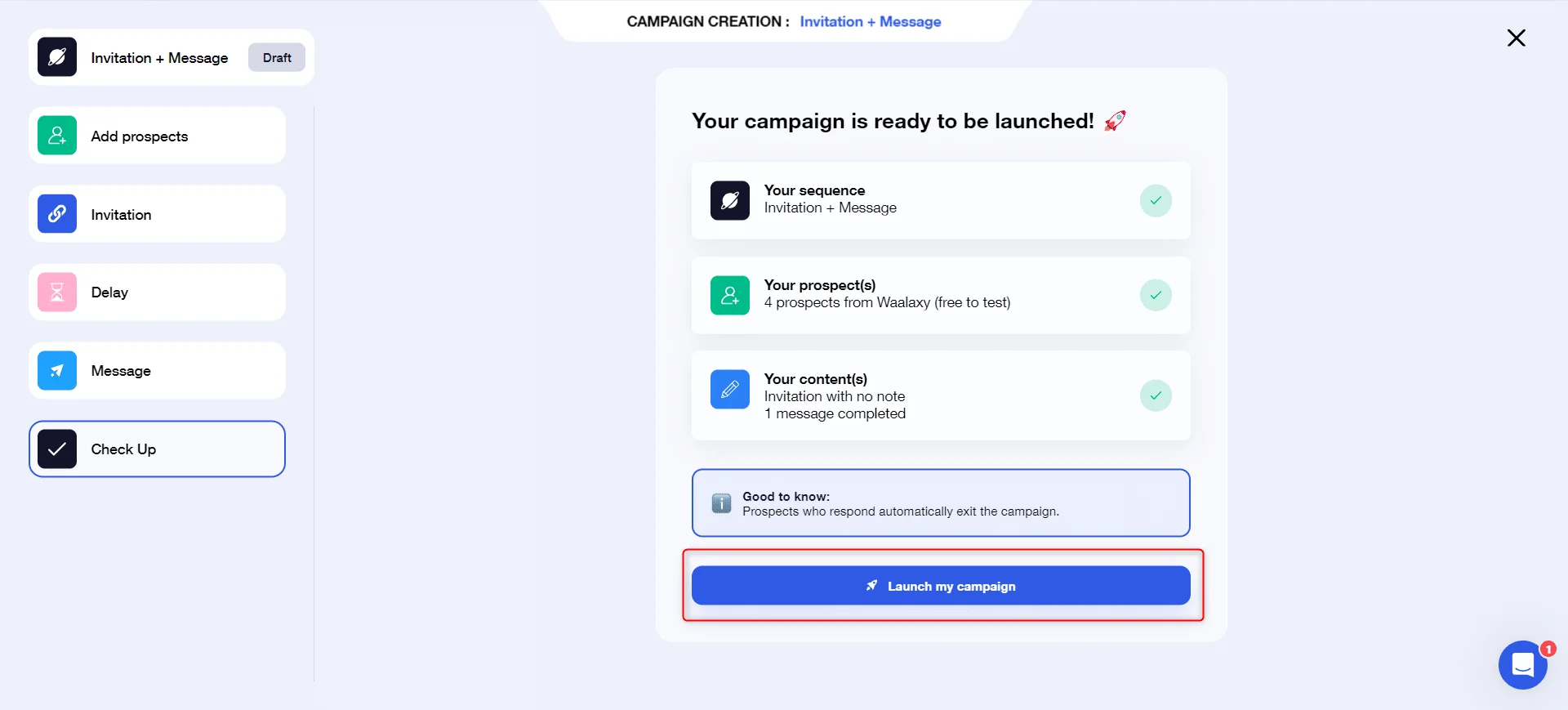 Interface de création de campagne avec bouton "Lancer ma campagne" en bleu clair.