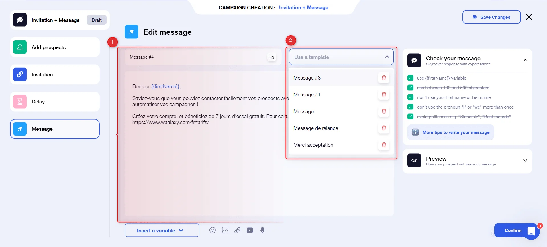 Interface de création campagne Waalaxy message