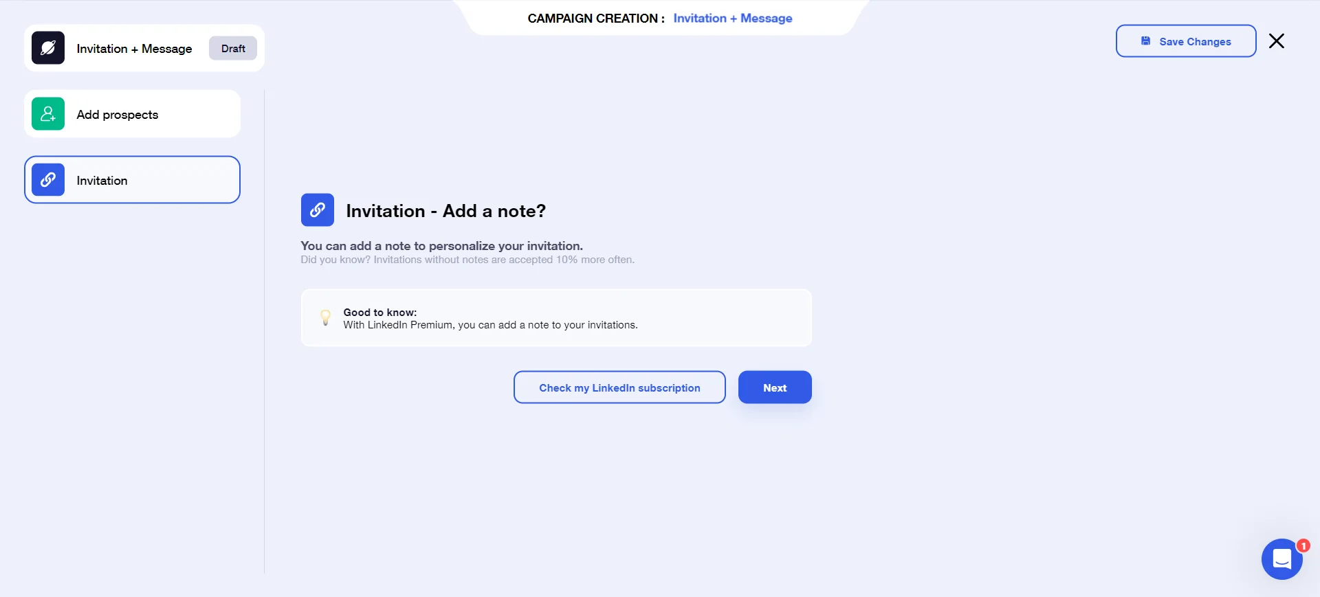 Page de création de campagne, invitation + message, ajout de prospects, note personnalisable.