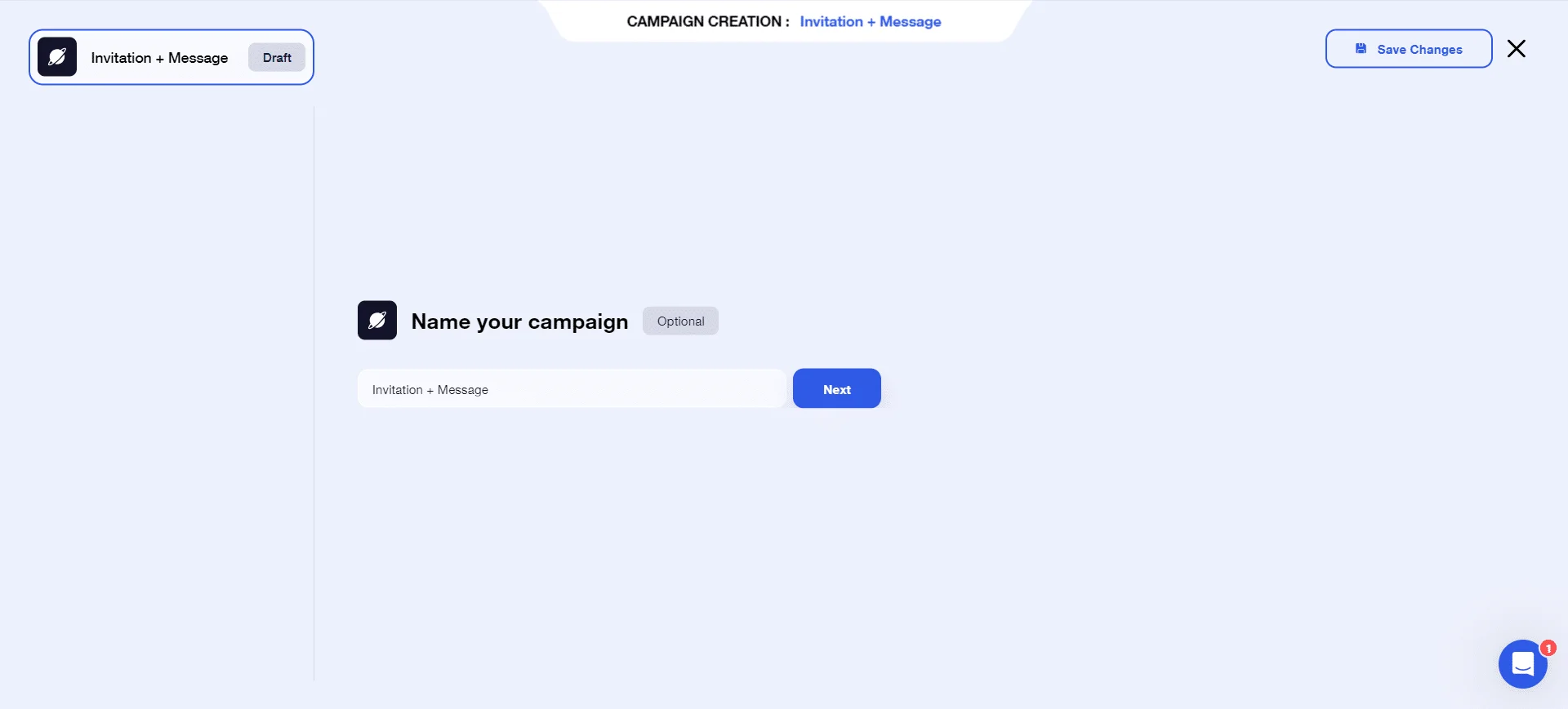 Page de création de campagne avec champ pour nommer la campagne, bouton "Optimiser", icône d'utilisateur, et options de sauvegarde.