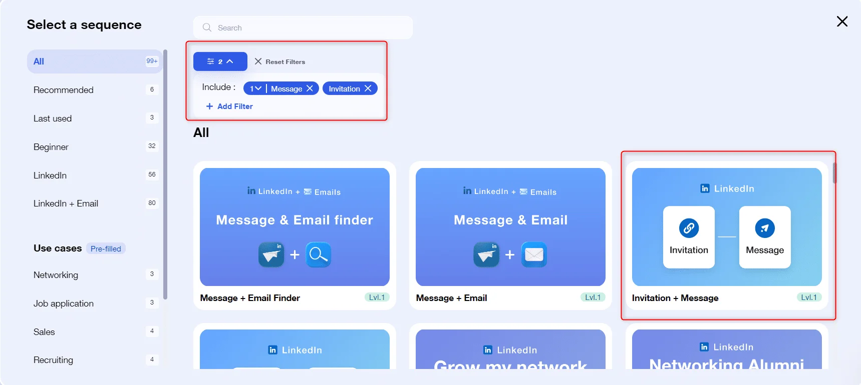 Interface de sélection d'une séquence avec filtres pour "Invitation" et "Message".