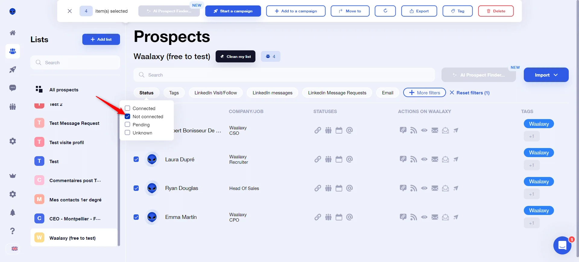 Interface Waalaxy prospects LinkedIn CRM