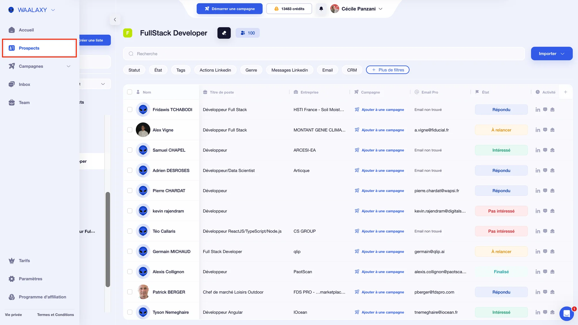 interface de gestion de prospects avec Waalaxy