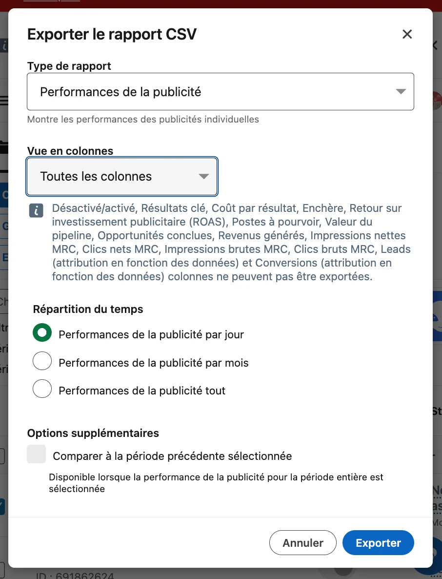Paramètres export données LinkedIn ADS