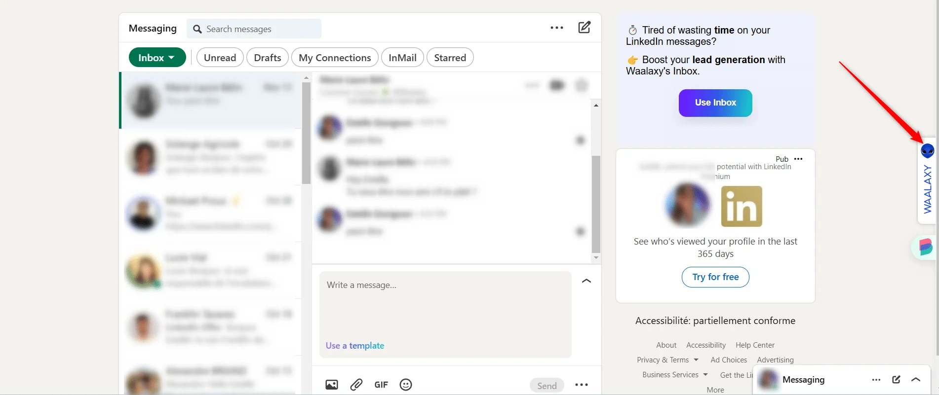 Interface inbox LinkedIn messaging Waalaxy