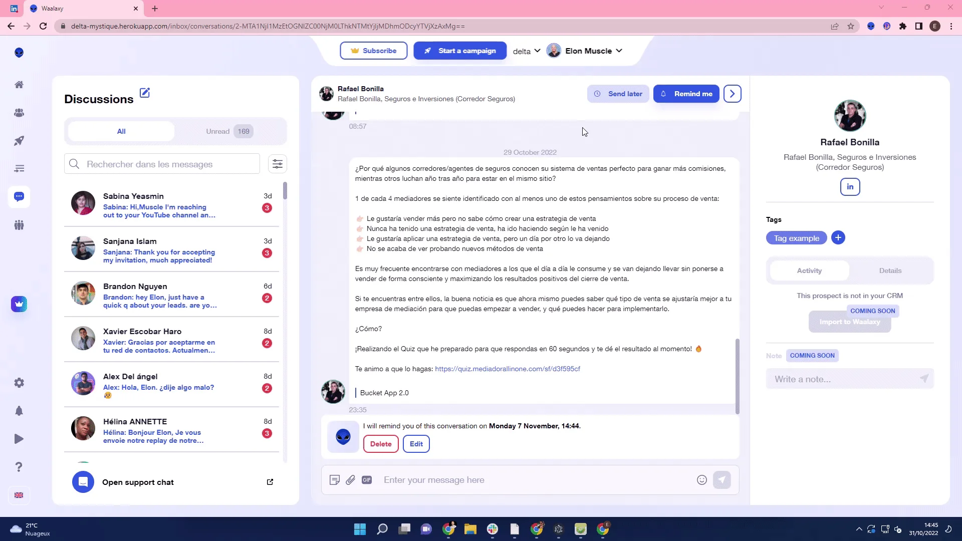 Interface Waalaxy conversation prospect LinkedIn
