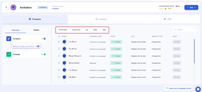 waalaxy campaign filters