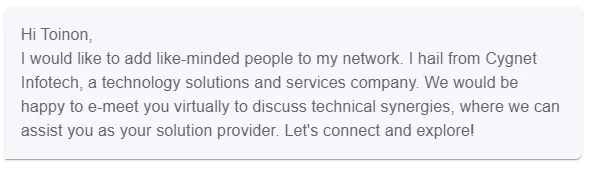 LinkedIn prospection message Cygnet Infotech