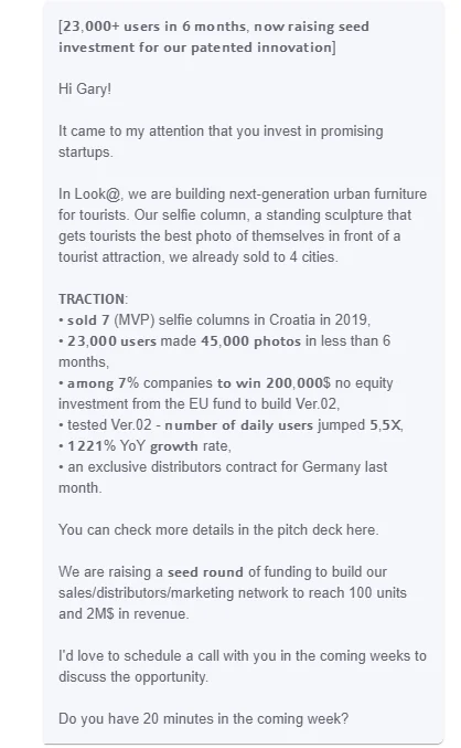 Message d'investissement pour startup urbaine, présentation de produits et résultats commerciaux.