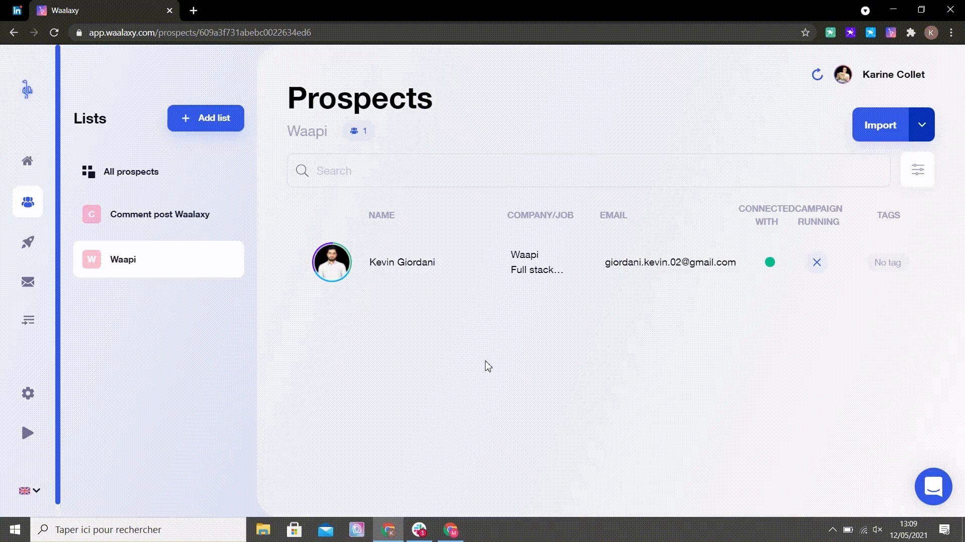 Interface prospects liste contacts Waalaxy
