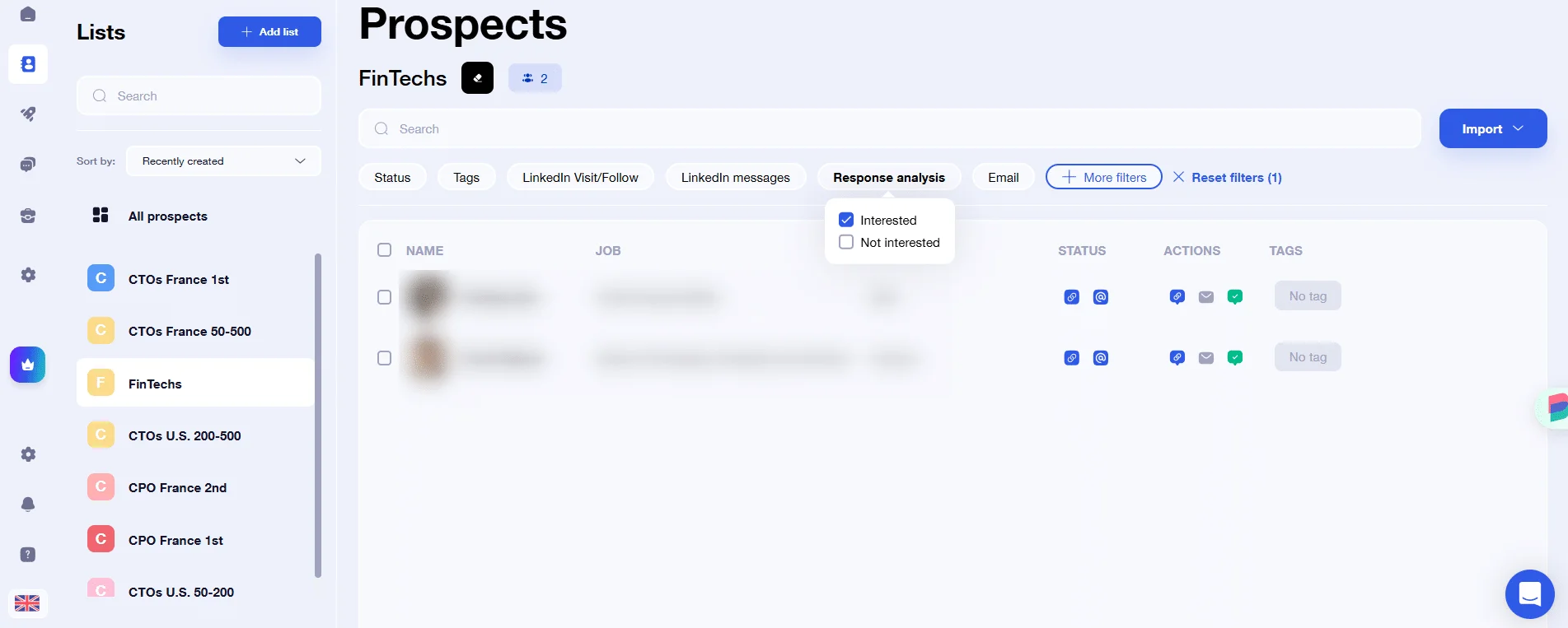 Interface prospection prospects Waalaxy