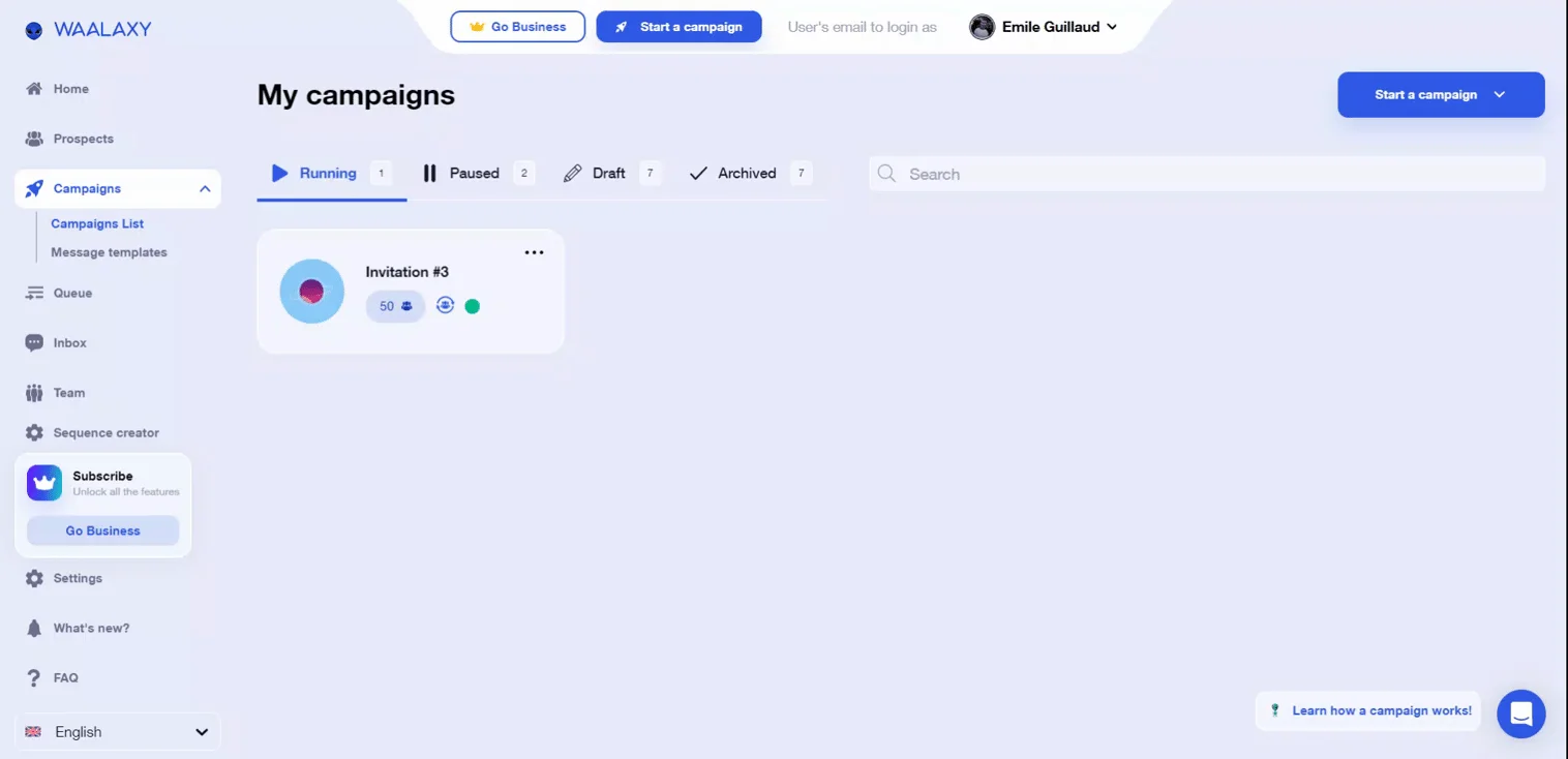 Waalaxy campaigns list interface running
