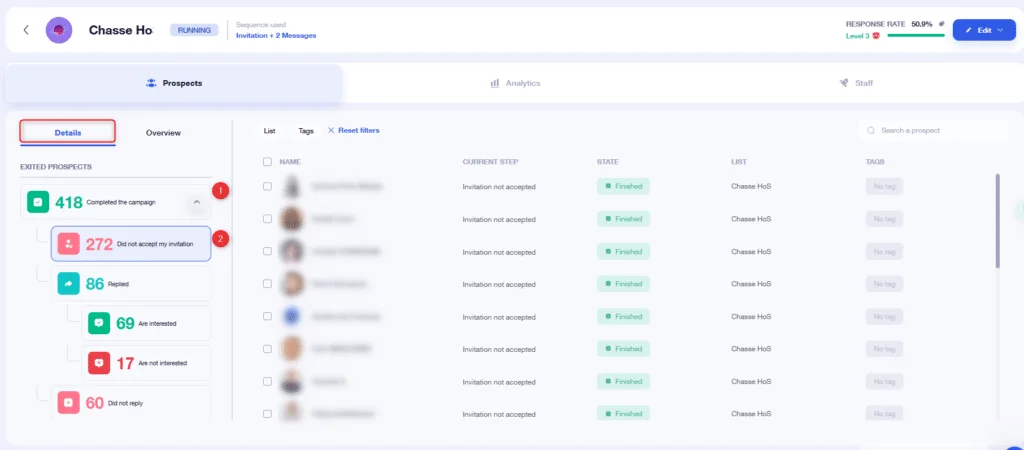 Interface gestion prospects campagne Waalaxy