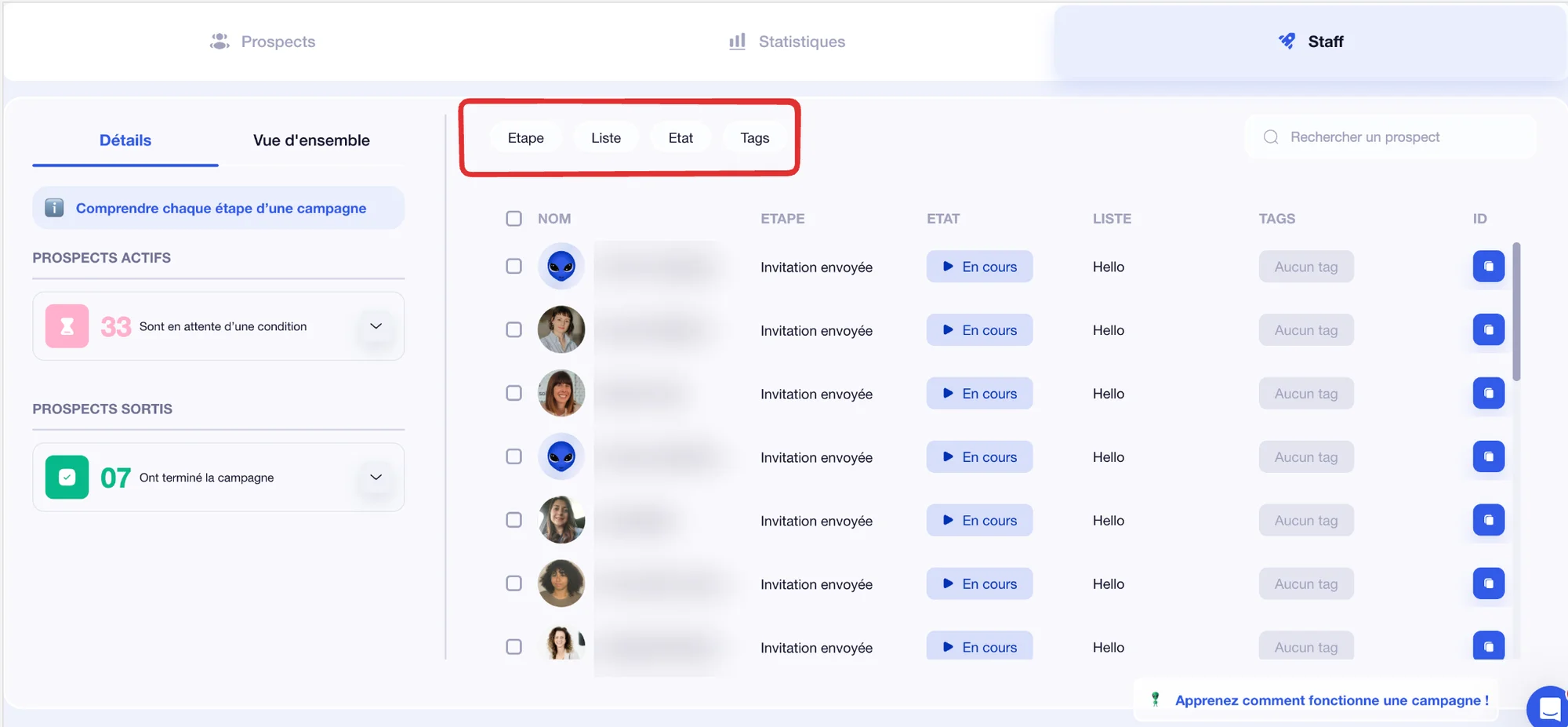 Comment utiliser un filtre dans une campagne Waalaxy