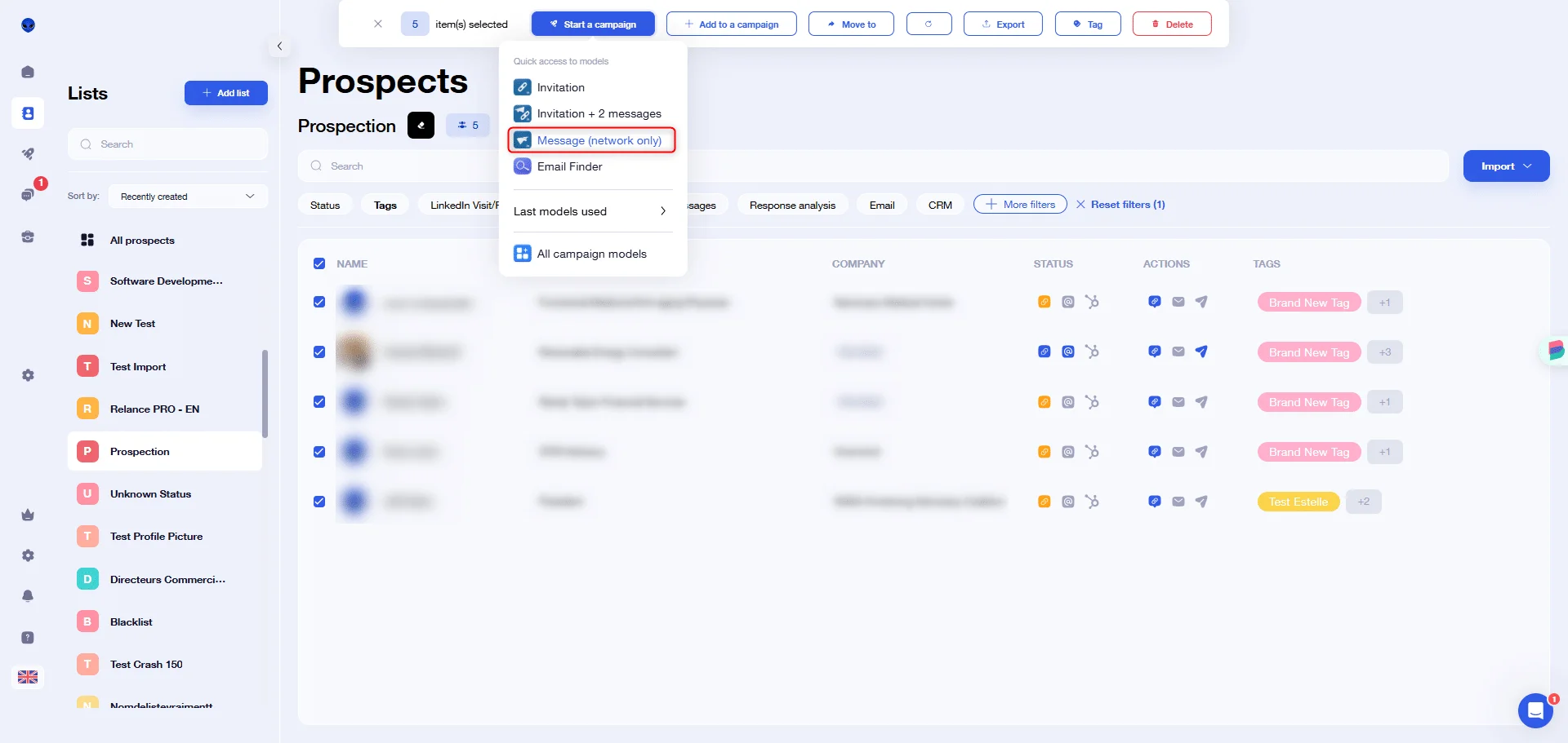Interface prospection prospects Waalaxy