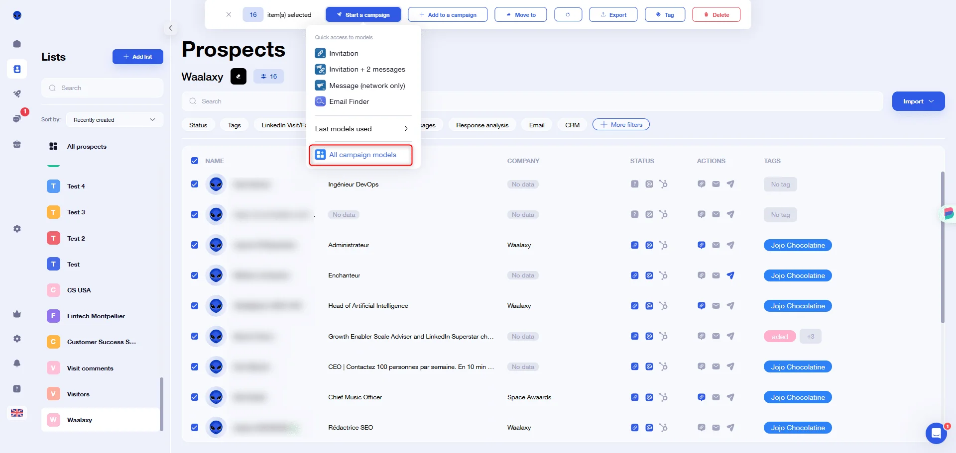 Interface prospection prospects Waalaxy