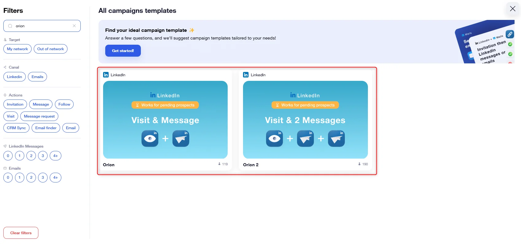 Orion Waalaxy templates campagnes LinkedIn