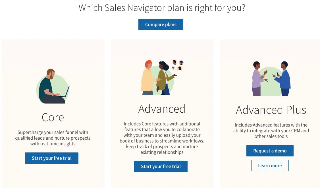 Comparison Sales Navigator plans core advanced