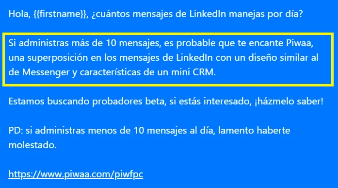 Mensaje LinkedIn Piwaa herramienta prospección