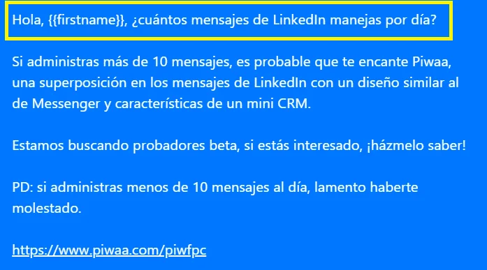 Mensaje LinkedIn Piwaa automatización