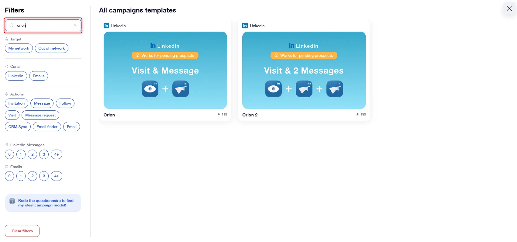 Orion templates campagnes Waalaxy LinkedIn