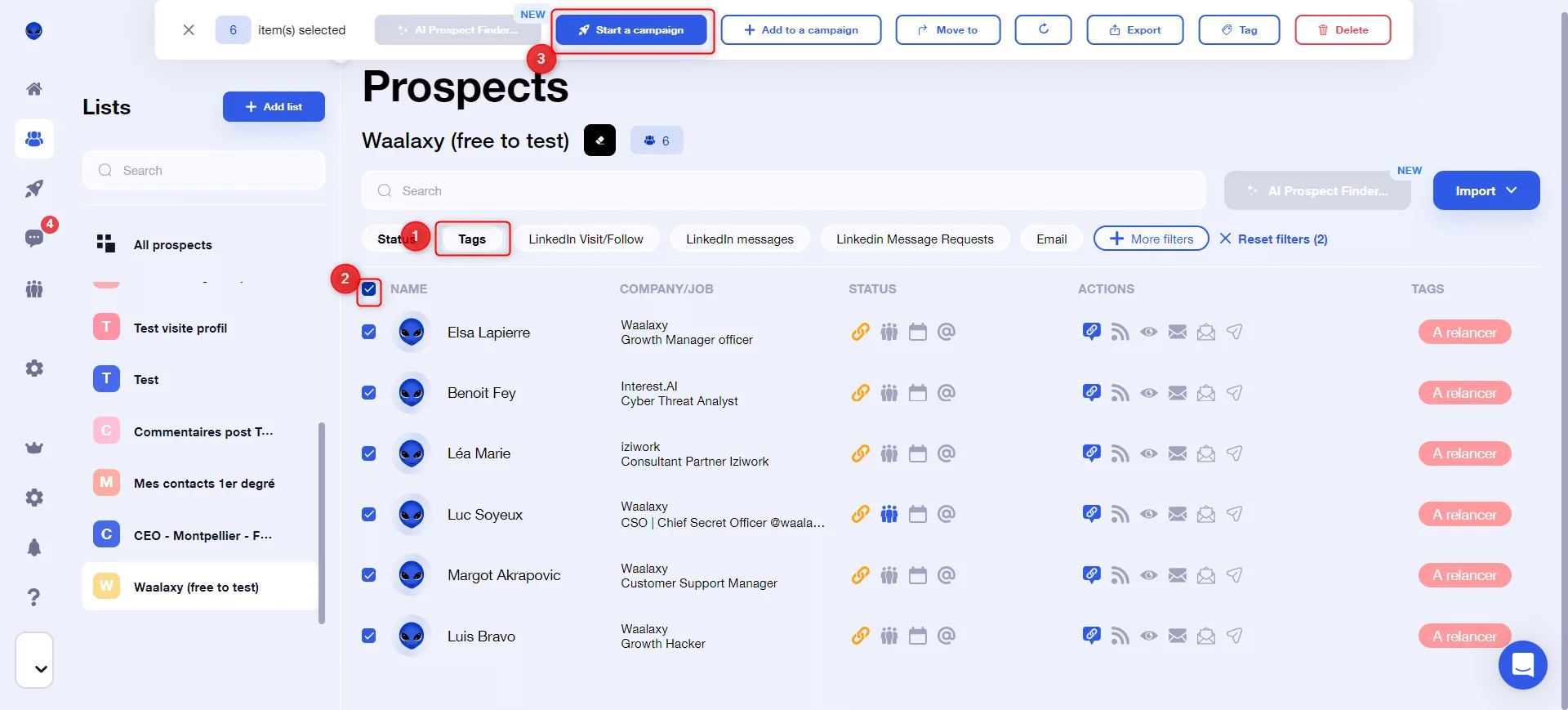 Interface prospection prospects Waalaxy