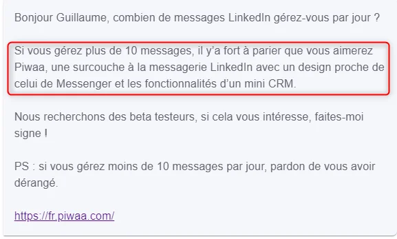 Texte promotionnel sur Piwaa, application pour LinkedIn, design Messenger, mini CRM.