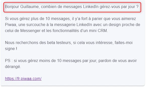 Message demandant le nombre de messages LinkedIn par jour pour un utilisateur nommé Guillaume.