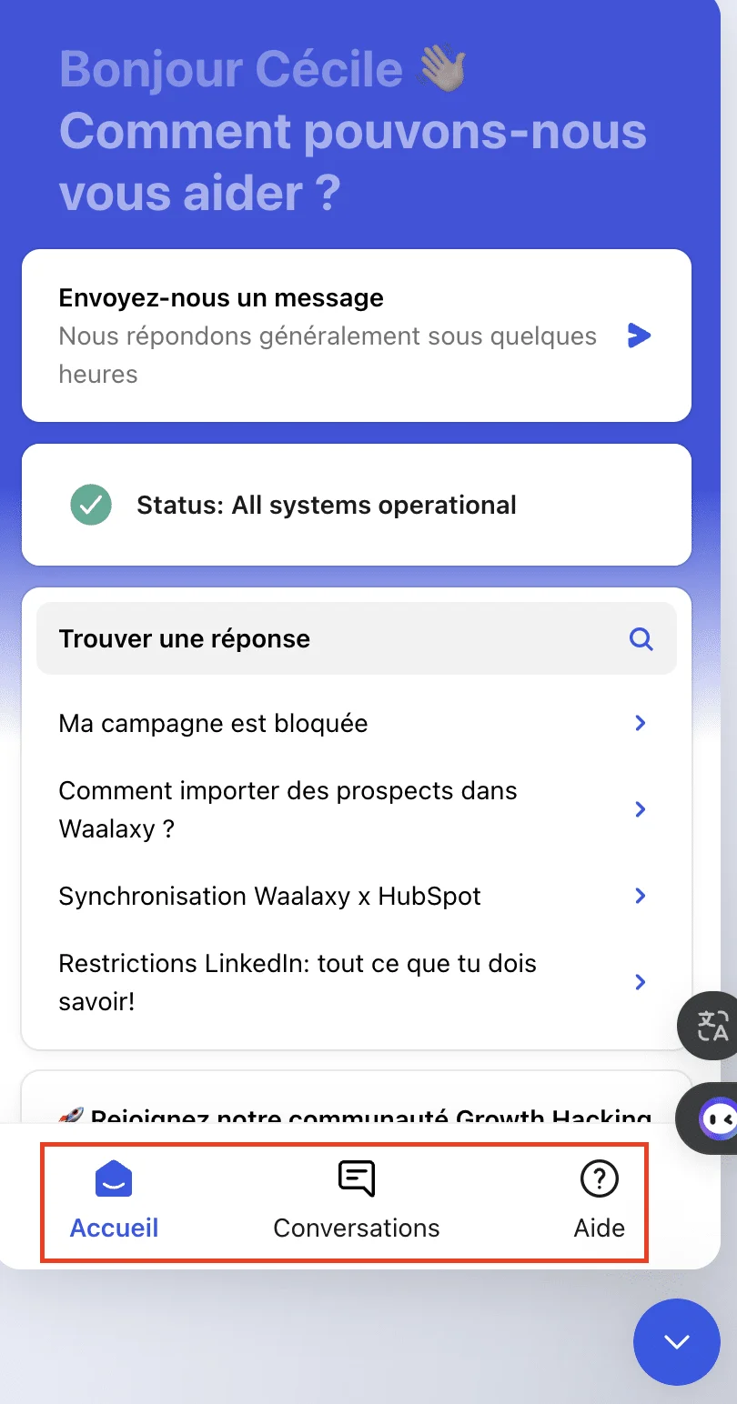 Page d'aide avec des options "Accueil", "Conversations" et "Aide". Textes en français sur assistance client.