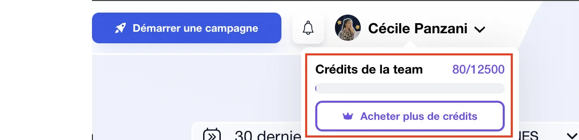 Interface utilisateur avec crédits de team (80/12500) et option d'achat supplémentaire.
