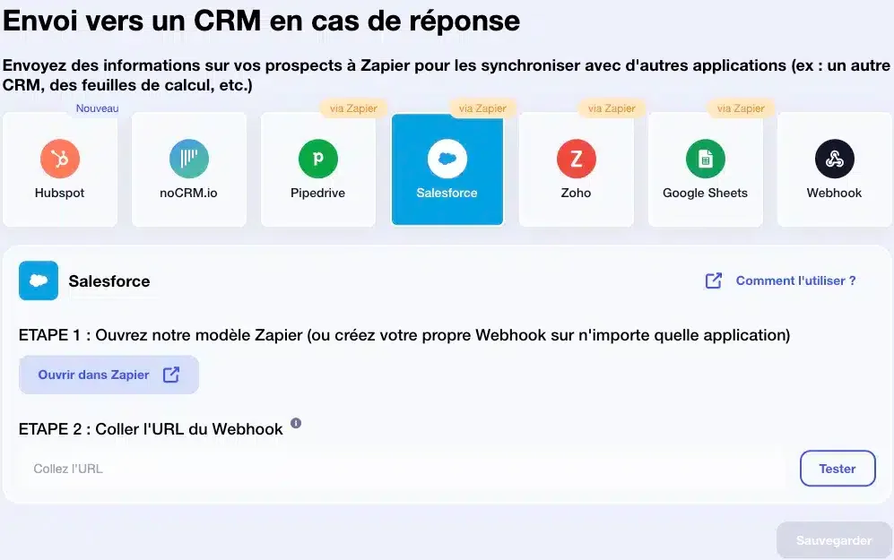 Page web présentant des instructions pour envoyer des données vers Salesforce via Zapier. Textes clés: "Envoi vers un CRM en cas de réponse", "Salesforce", "Ouvrir dans Zapier". Interfaces et boutons visibles. Contexte: guide d'utilisation de Zapier pour automatiser la synchronisation avec Salesforce.
