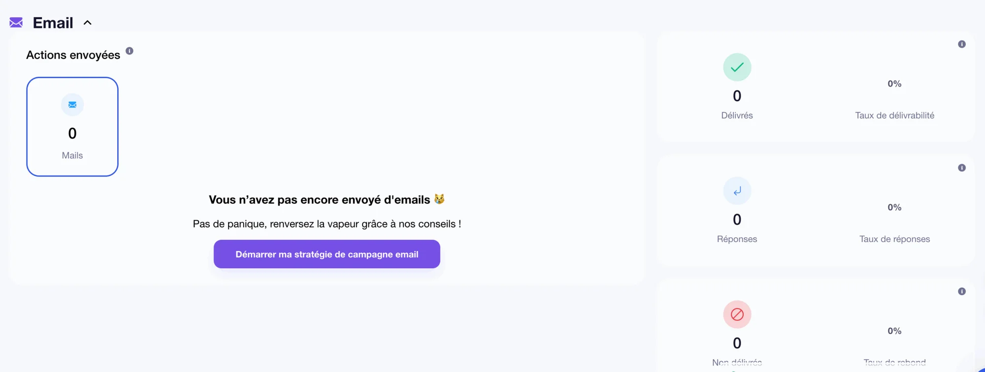 Page d'emails avec statistiques d'envoi et de réception en blanc et vert.