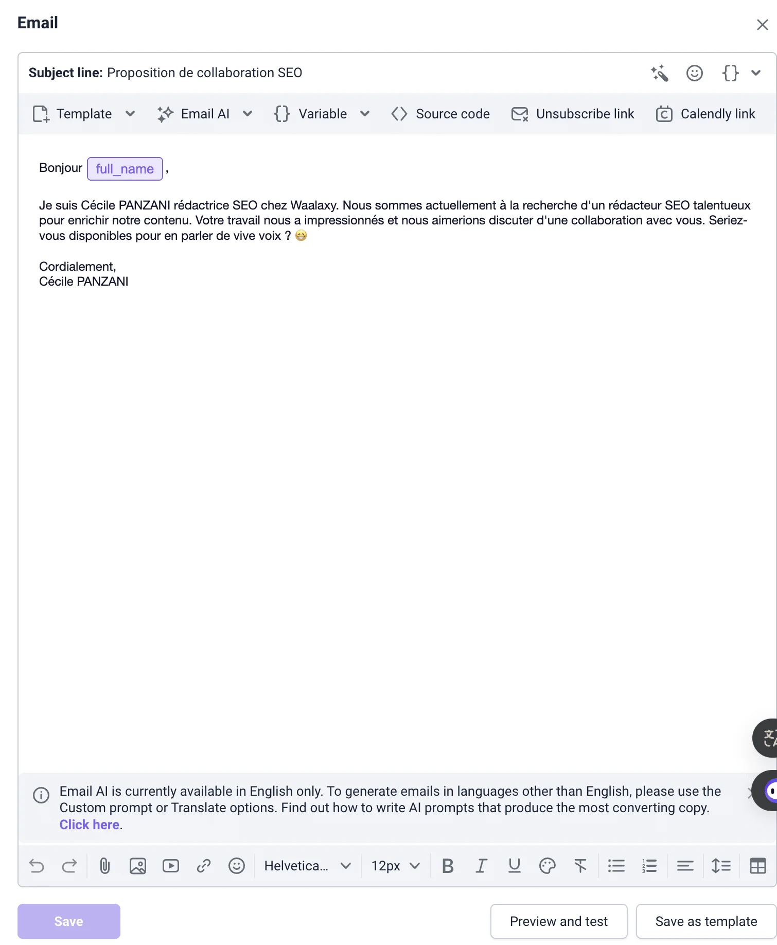 Page d'email avec champ "full_name", sujet "Proposition de collaboration SEO", contenu en français sur rédaction SEO et boutons "Save" et "Preview and test".