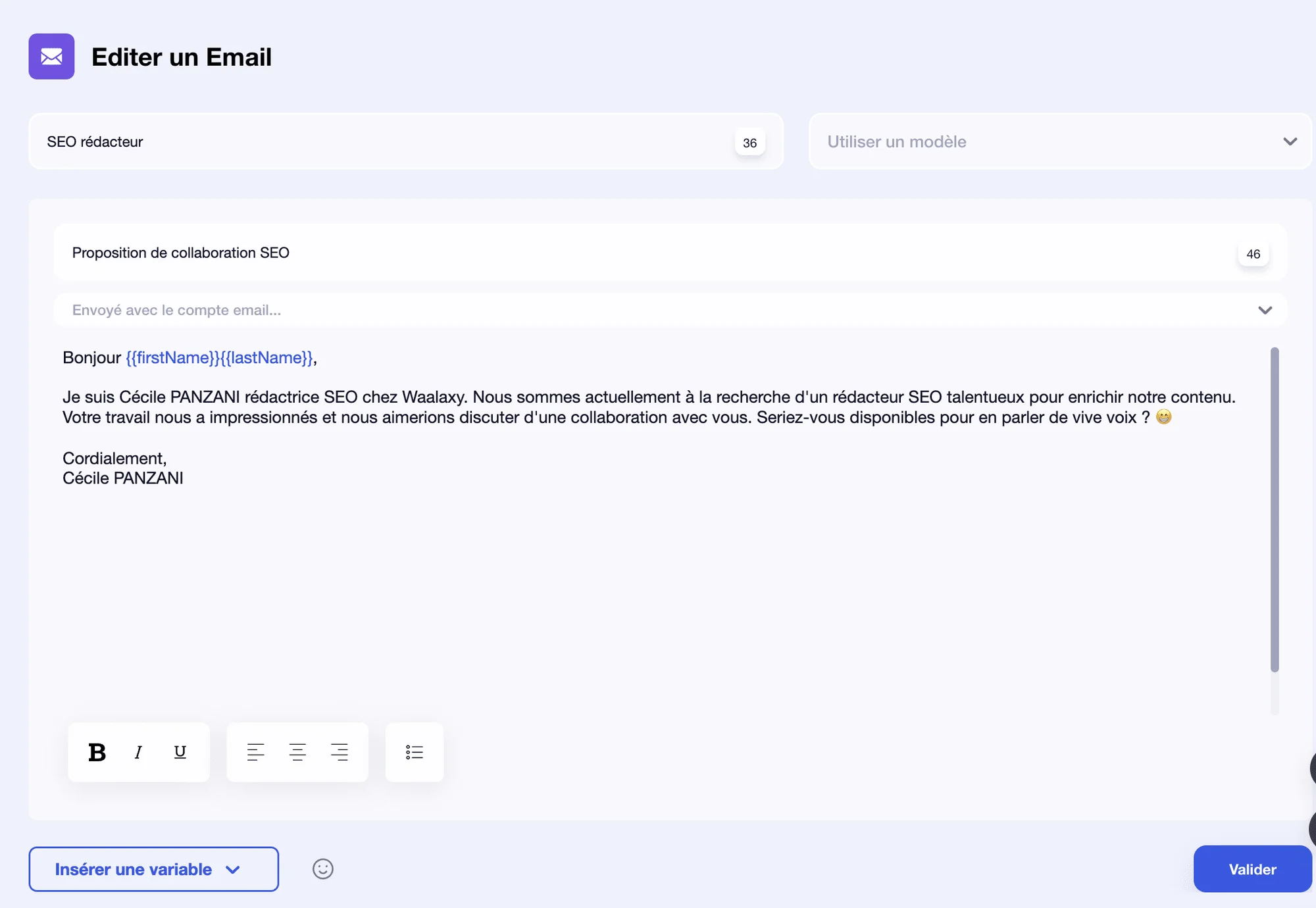 Page de rédaction d'email pour collaboration SEO. Contient un champ de sujet et du corps de l'email, bouton "Valider".