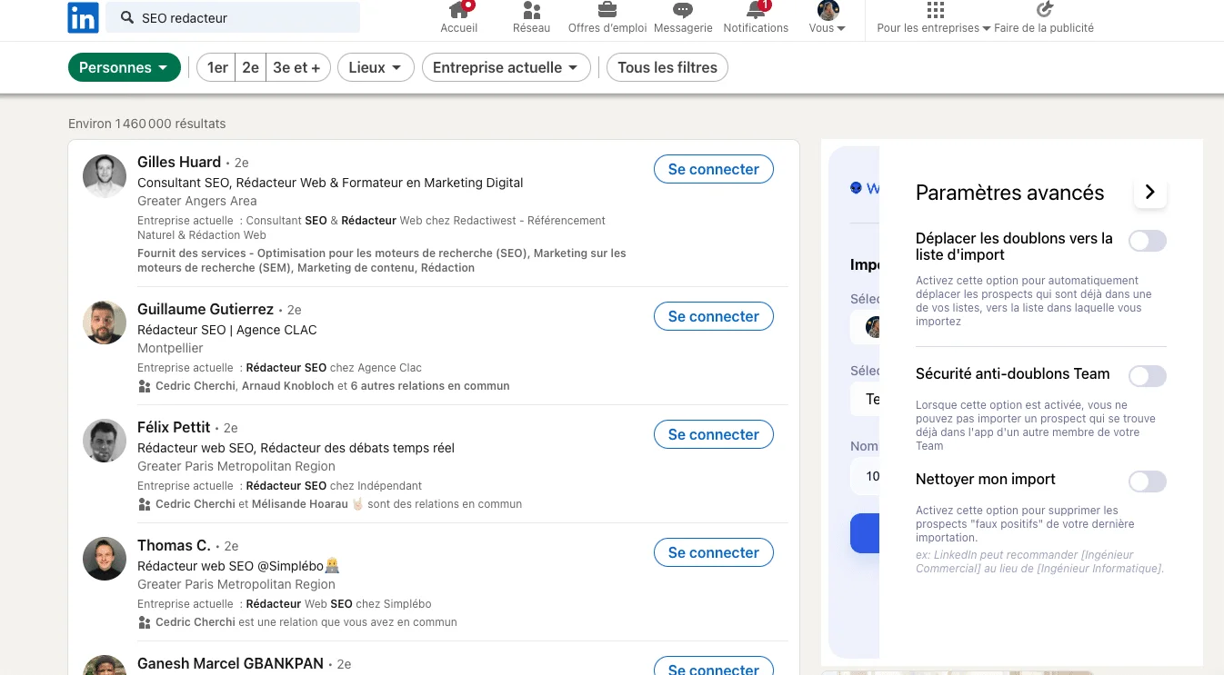 Résultats LinkedIn pour "SEO rédacteur". Profils professionnels avec des options de connexion. Paramètres avancés et sécurité anti-doublons visibles à droite.