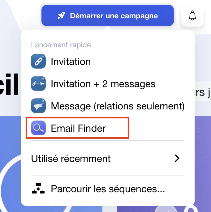 Menu d'actions avec "Email Finder" en surbrillance.