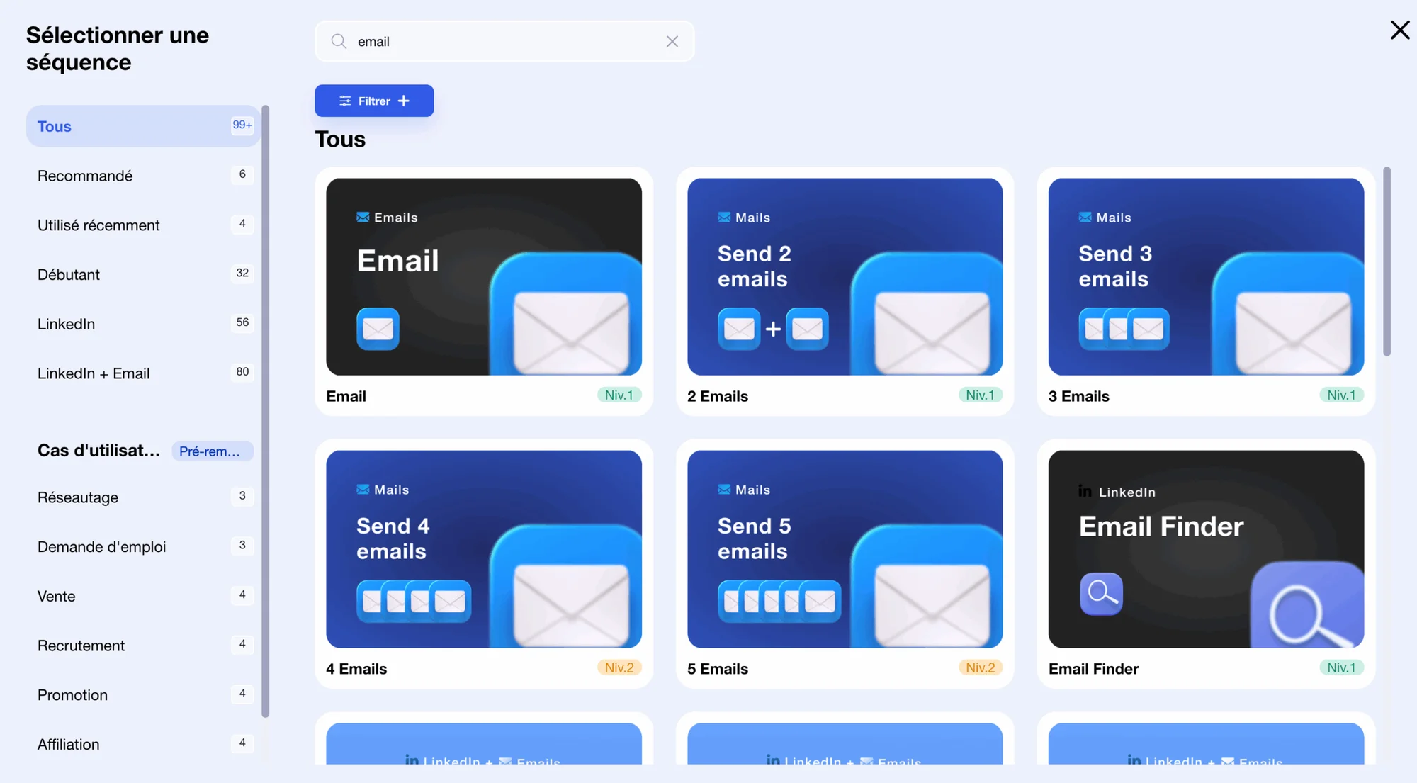 Page web présentant des options d'envoi d'e-mails avec des quantités différentes (2 à 5) et un module de recherche pour LinkedIn.