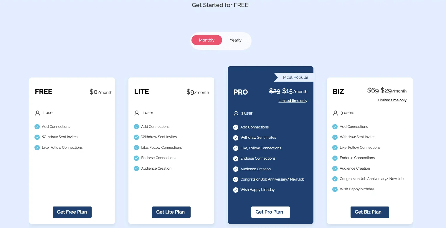 Plan de tarifs avec options gratuites et payantes, texte "Get Started for FREE!" en haut.