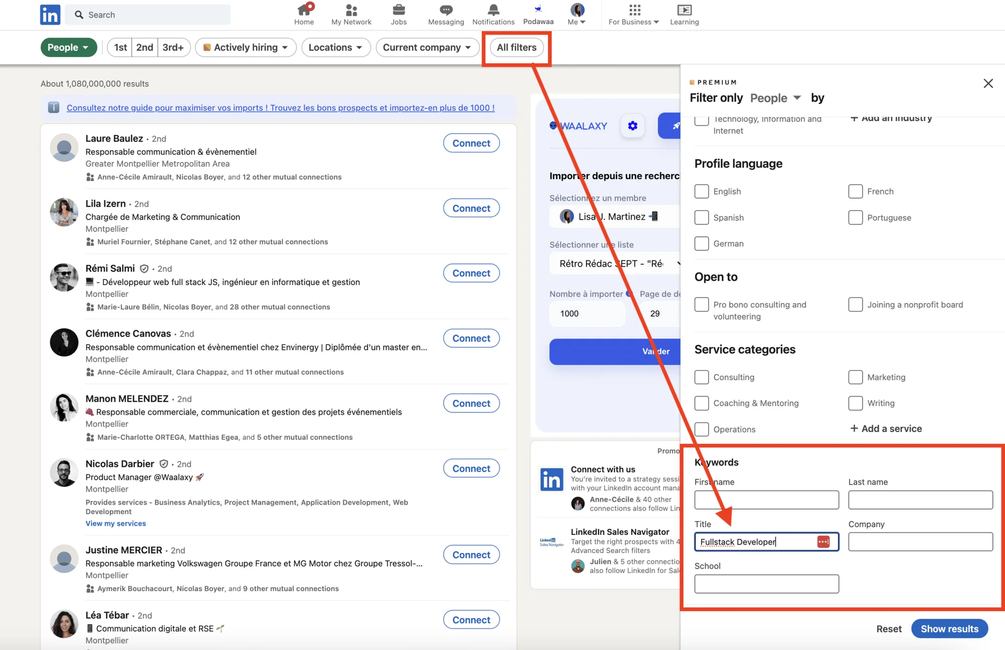 Filtres de recherche LinkedIn Waalaxy