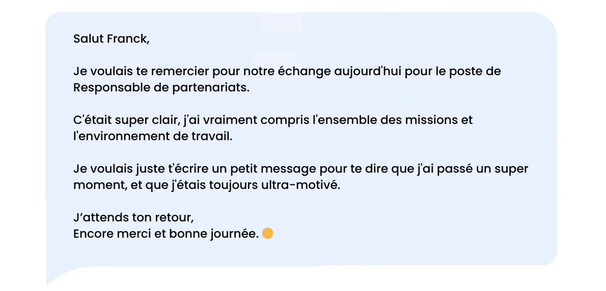 Messaggio di ringraziamento su LinkedIn dopo un colloquio di lavoro: esempio 1.