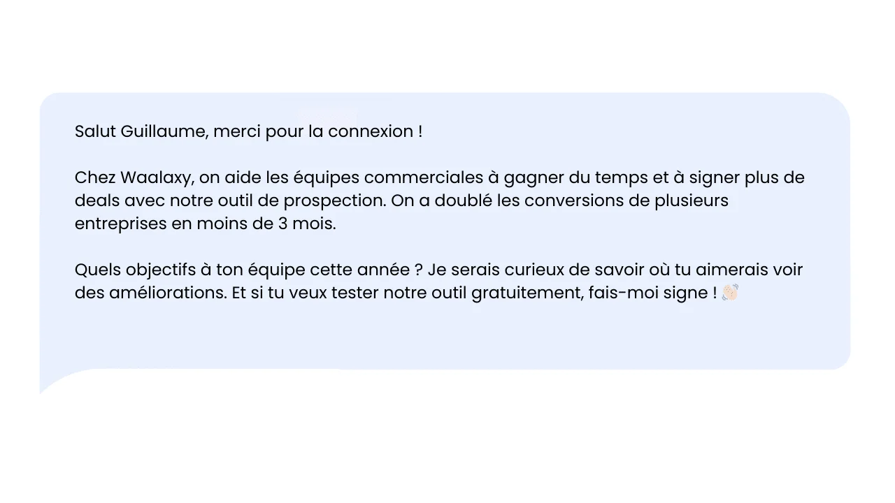 Message prospection Waalaxy objectifs commerciaux