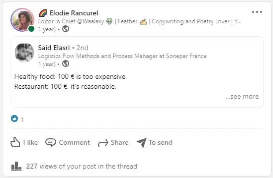 Post LinkedIn discussion prix restaurant