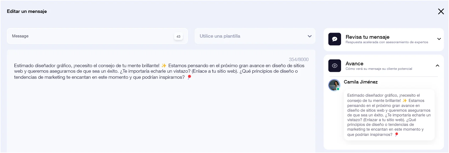 Interfaz edición mensaje Waalaxy