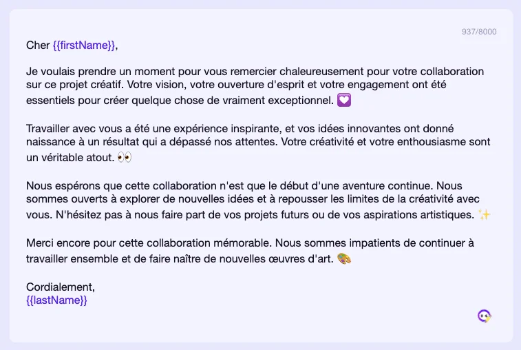 Message d'email félicitatoire pour collaboration artistique réussie.